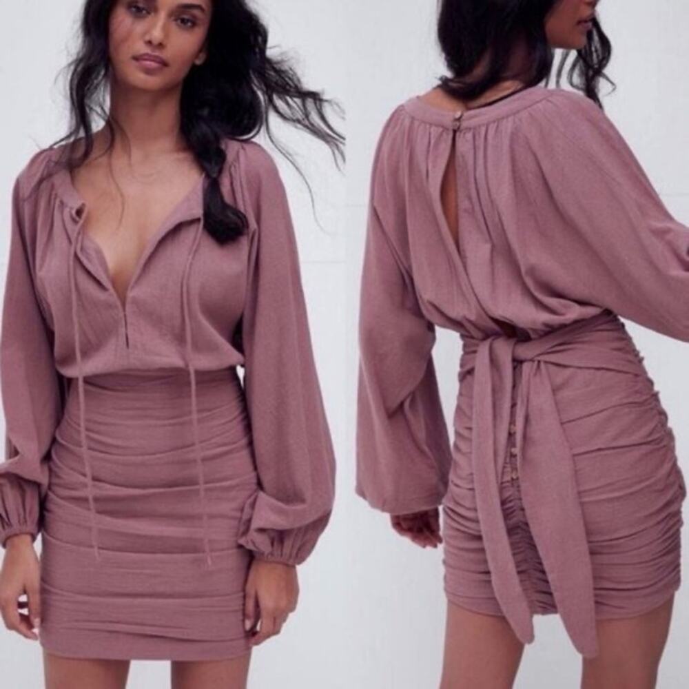 Free People Women’s XS The Only One Mini Dress Boho Peasant Sleeve Pink Party